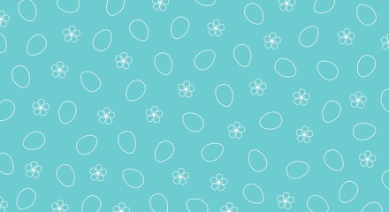 Seamless pattern with white egg and flower outlines on turquoise background. Easter and spring design for wallpaper, textile, and cards