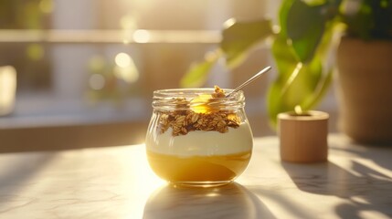 A Delightful Layered Breakfast Jar of Yogurt, Granola, and Honey with Natural Sunlight Casting a Warm Glow Over a Minimalist Kitchen Table