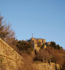 Forte Sperone at first light in the morning. The structure is part of the historic military fortifications present on the heights of the city of Genoa, in Italy. 