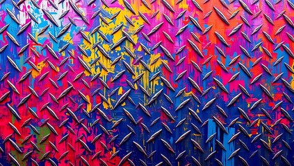 Abstract Colorful Paint Splashes on Diamond Plate