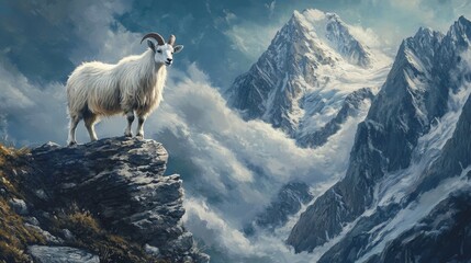 Majestic mountain goat, snowy peaks, dramatic landscape, nature scenery, wilderness beauty, outdoor adventure