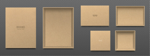 Empty craft paper box mockups set isolated on transparent background. Vector realistic illustration of brown carton package for shoes, holiday gift, open parcel top view, blank space for branding