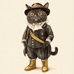 A whimsical illustration of a dressed-up cat in historical attire, complete with a hat and boots, exuding a charming and playful vibe.