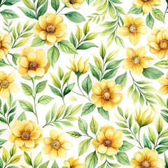 Obraz premium Watercolor seamless pattern with yellow flowers and green leaves on white background