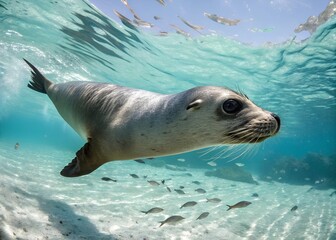 Fototapeta premium Graceful Seal Gliding Through Pristine Water in the Ocean Close Up
