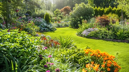 A vibrant summer garden filled with blooming flowers and lush greenery