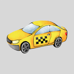 Adobe IllustrCartoon yellow taxi on white background. Watercolor vector illustrationator Artwork