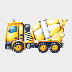 Yellow cartoon Concrete Mixer. Watercolor vector illustration