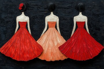 Obraz premium Three stylistic figures in vibrant red and peach dresses, each showcasing unique textures against a contrasting dark background.