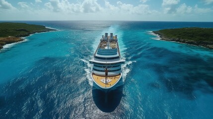 Fototapeta premium Majestic cruise ship glides across turquoise Caribbean waters, leaving a foamy trail. A breathtaking aerial view!