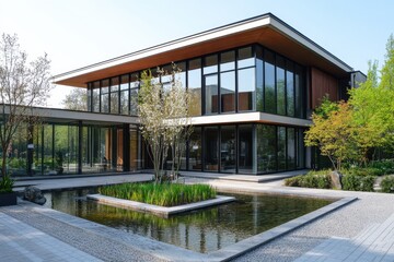 Fototapeta premium Modern house, luxury architecture, glass facade, pond landscape