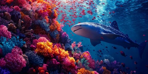 Fototapeta premium Majestic Whale Shark Swimming Through Vibrant Coral Reef Surrounded by Colorful Tropical Fish in Clear Ocean Waters