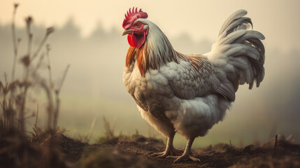Close-Up of a Majestic Rooster on Free Range Farm Symbolizing Eco Farming and Sustainability. Eco farming, organic agriculture, and sustainable rural living. National Farm Animals Day. World Environme