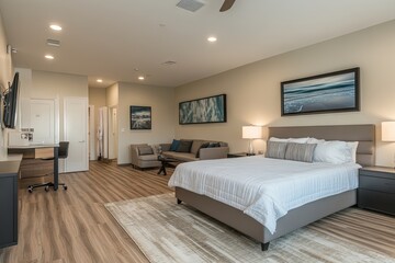 Fototapeta premium Modern Hotel Suite with King-Size Bed and Ocean View Artwork