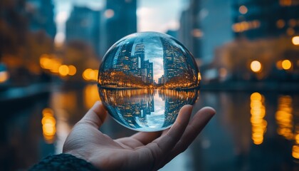 Fototapeta premium Future business innovations reflected in crystal ball urban environment photography