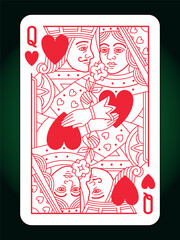 Queen Hearts suit playing card and Jack, vintage classic design, isolated on white, editable vector stroke line.	
