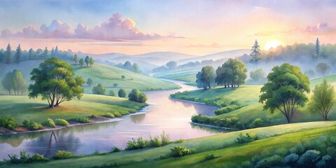 Serene River Valley at Sunrise Rolling Hills, Lush Greenery, and Peaceful Atmosphere