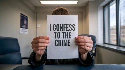 Person Holding Sign "I Confess to the Crime"