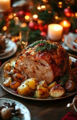 Large ham pieces with potatoes and vegetables for Christmas dinner on plates