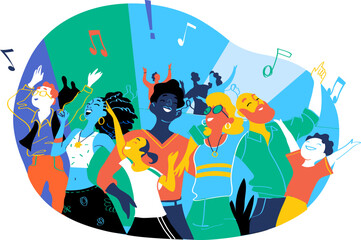 Group of people of different ages is happy to be together dancing and celebrating a special event. Happy family enjoy concert, music festival, party, show, performance, recital. Vector illustration