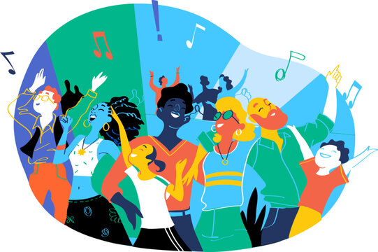 Group of people of different ages is happy to be together dancing and celebrating a special event. Happy family enjoy concert, music festival, party, show, performance, recital. Vector illustration