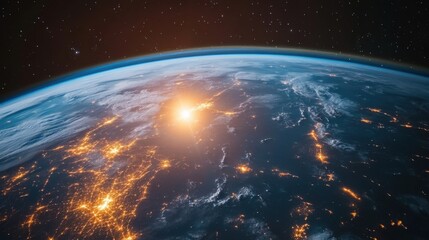 Obraz premium Golden Hour Earthrise: Witness city lights illuminate the planet from space. A breathtaking view!