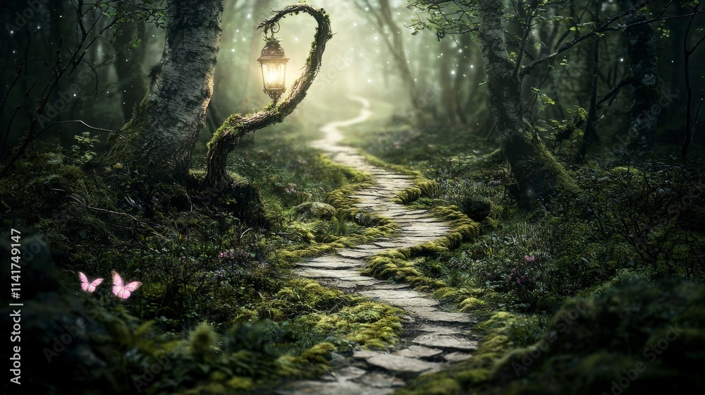 Poster enchanting path through a magical forest nature landscape serene environment mystical viewpoint fant