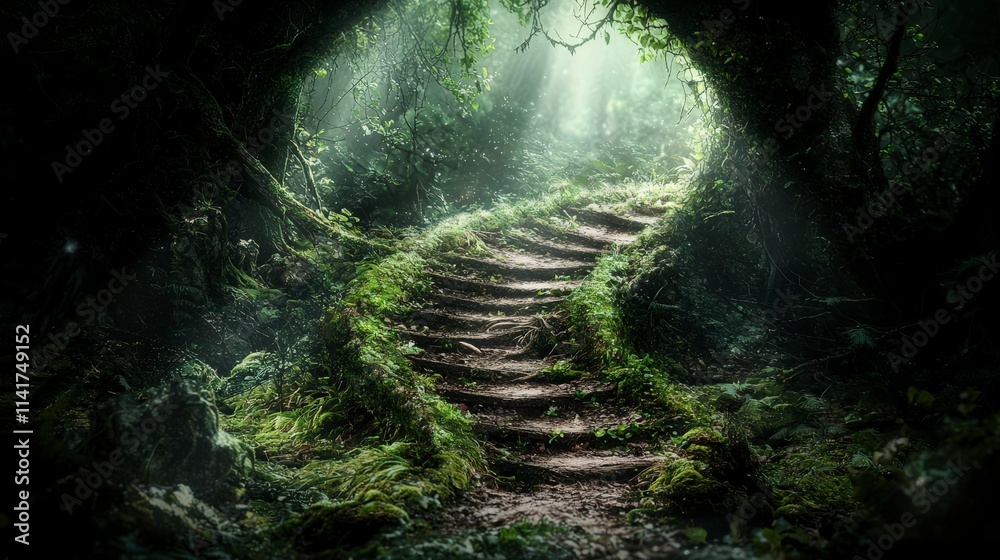 Poster winding path through a magical forest fantasy landscape nature scene enchanted environment serene vi
