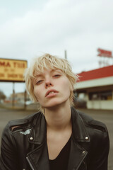 Obraz premium A pensive individual wearing a leather jacket gazes into the distance against an urban backdrop, expressing deep thoughts and a complex emotional state in this striking image.