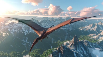 Pterodactyl Soaring Above Majestic Mountains