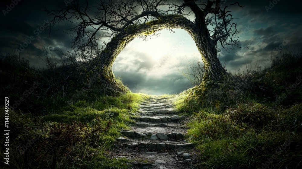 Aufkleber path through enchanted forest leading to open sky nature scene dreamy environment serene viewpoint s