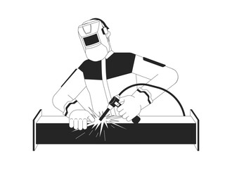 Mask welder welding sparks steel tube linear illustration. Soldering pipe manufacturing. Metal fabrication worker welding torch 2D line character isolated on white. Monochrome vector outline image
