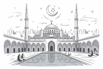 Majestic Mosque Courtyard Peaceful Night Scene