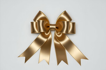 The image shows a large, elegant, golden bow. The bow is made of wide, lustrous ribbon and has a classic, symmetrical shape.
