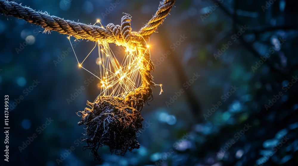 Aufkleber illuminated rope connecting threads of light in enchanted forest nature photography magical atmosphe