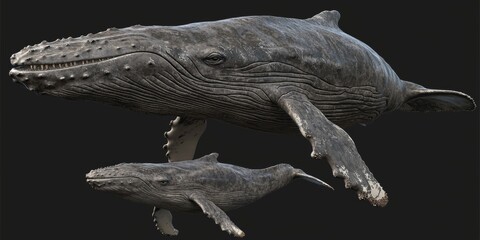Fototapeta premium Detailed 3D Model of a Humpback Whale Swimming in Open Water with Life-Like Features and Realistic Textures