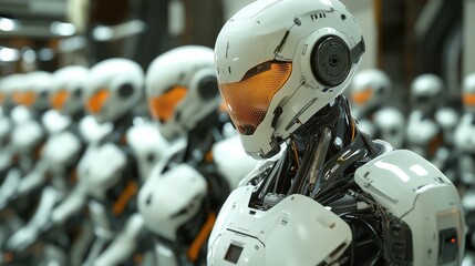 Fototapeta premium Rows of sleek humanoid robots stand in perfect alignment, showcasing their shiny metallic bodies and vibrant orange visors