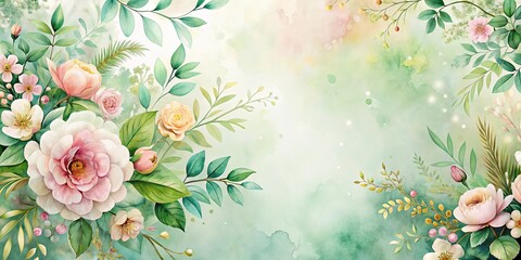 A Delicate Watercolor Painting of Blooming Roses and Lush Greenery on a Soft Green Background