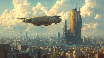 Naklejka premium A futuristic cityscape with a flying vehicle soaring above towering structures under a cloudy sky.