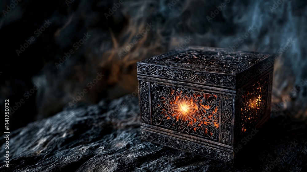 Poster mystical box glowing in darkness enchanted cave fantasy art mysterious environment close-up perspect