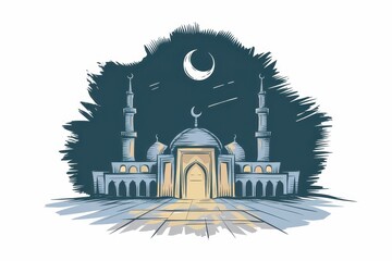 Majestic Mosque at Night Under Crescent Moon