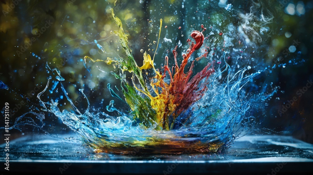 Poster vibrant color splash event artistic studio digital art creative environment overhead view dreamlike 