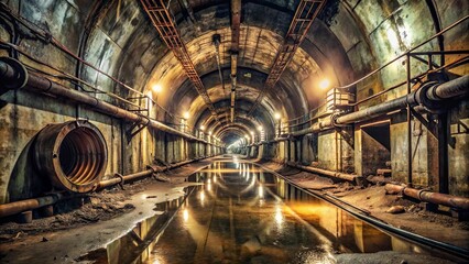 A long, dark, and mysterious subterranean passageway with aged infrastructure and standing water reflecting the lights