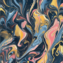Abstract Fluid Art with Gold, Pink, and Blue Swirls in Marble Paint Design