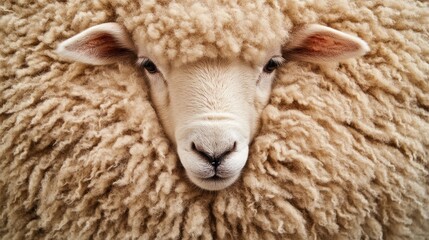 Close-up of a sheep's face surrounded by fluffy wool.