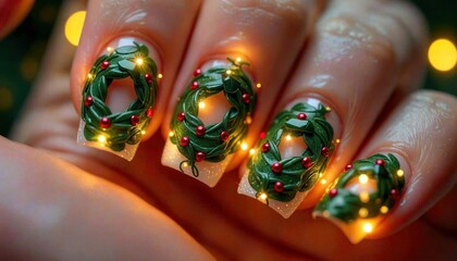 Festive Wreath Nails with Christmas Lights