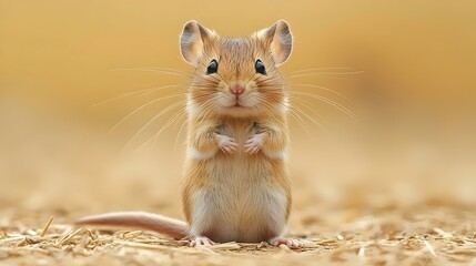 A small brown mouse is standing on a patch of straw