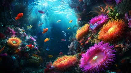 Colorful underwater coral reef with tropical fish, vibrant marine life, ocean scenery