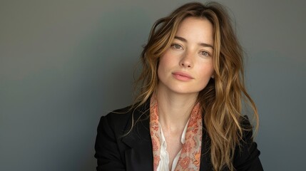 Fototapeta premium A portrait of a woman with wavy hair, wearing a blazer and scarf, set against a neutral background.