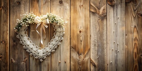 Rustic Heart-Shaped Floral Wreath Adorned with Delicate Lace on Weathered Wood Background